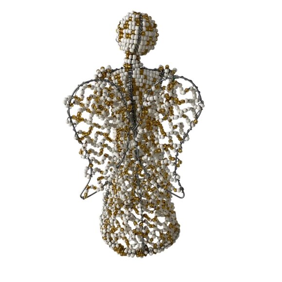 Handcrafted Beaded Angel Figurine Wire Frame White Gold Beads Zuni Style 10 " - Picture 3 of 7
